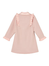 Pink coat with ruffled details on a white background