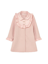 Pink coat with ruffled collar on a white background