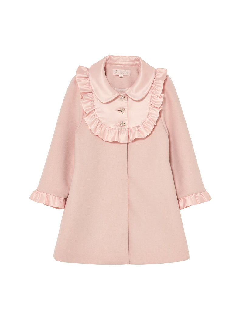 Pink coat with ruffled collar on a white background